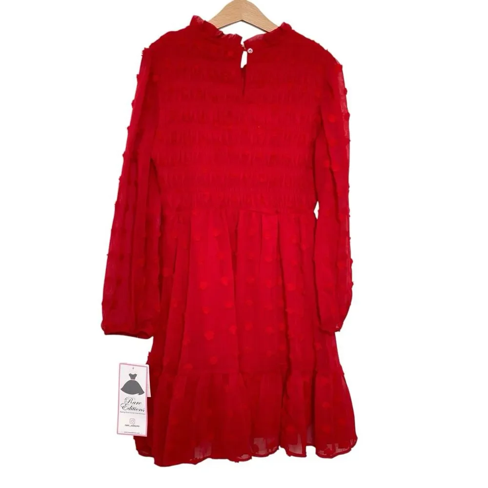 Rare Editions Red Girls' 12 Clip Dot Chiffon Smocked Dress Ruffled Neckline NWT